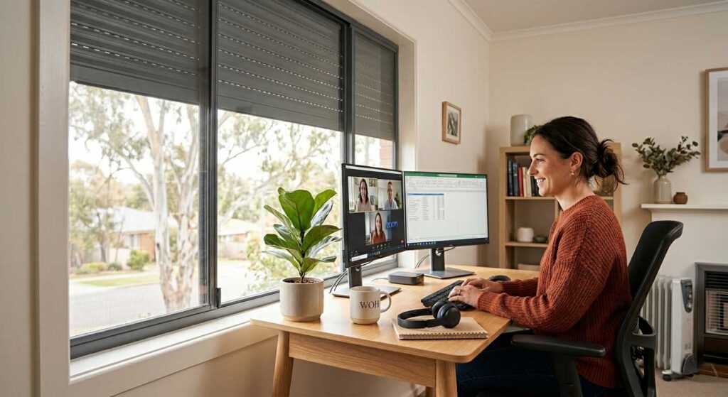 A woman working comfortably in a home office with an external insulated roller shutter partially lowered to block sun glare and reduce energy costs.